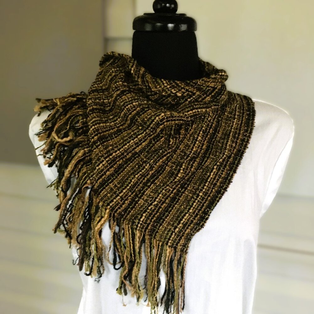 Upcycled Woven Tan Green Black Gold Striped Triangular Fringed Neckerchief Cowl